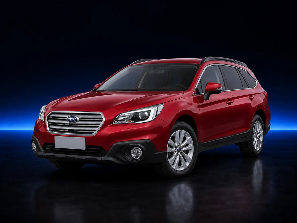 Red Subaru Outback fifth generation on a deep navy and cobalt studio background.