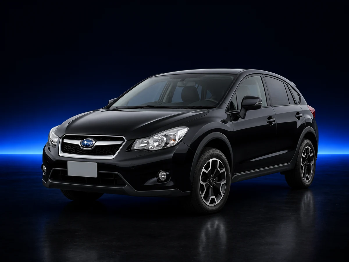Black Subaru XV first generation on a deep navy and cobalt studio background.