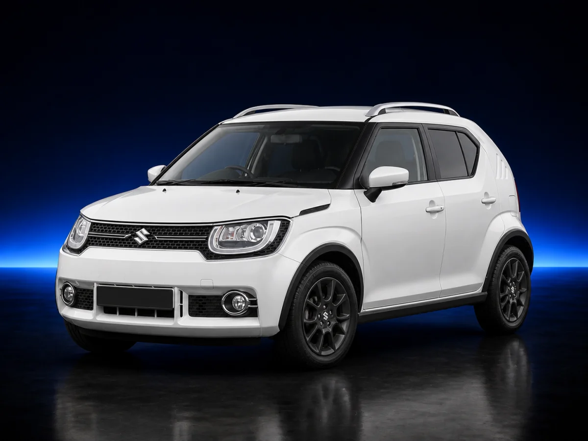 White Suzuki Ignis MF third-generation on a deep navy and cobalt studio background.