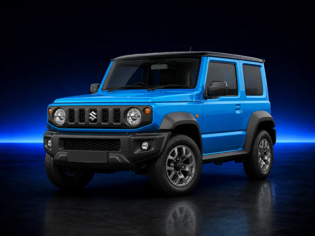 Blue Suzuki Jimny JB74 fourth-generation on a deep navy and cobalt studio background.