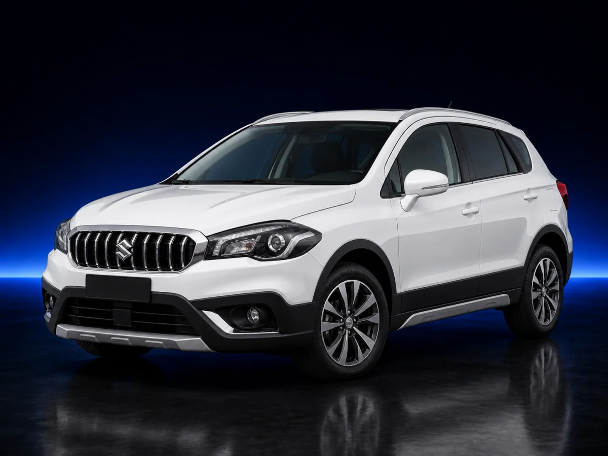 White Suzuki S-Cross second-generation facelift on a deep navy and cobalt studio background.