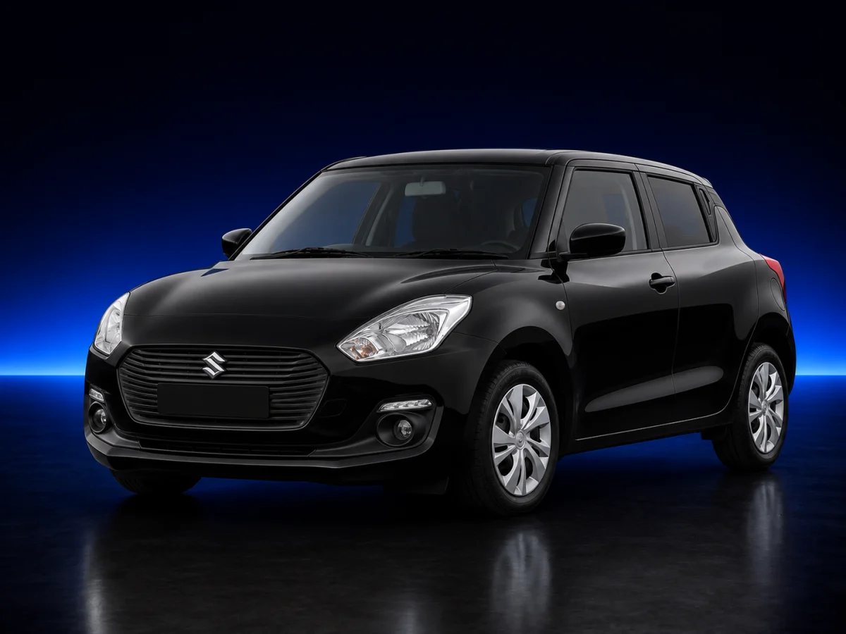 Black Suzuki Swift fourth-generation hatchback on a deep navy and cobalt studio background.