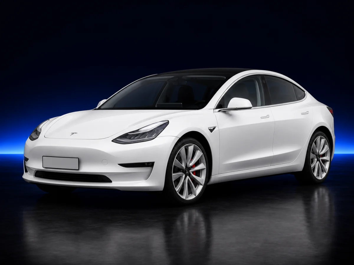 White Tesla Model 3 Performance on a deep navy and cobalt studio background.