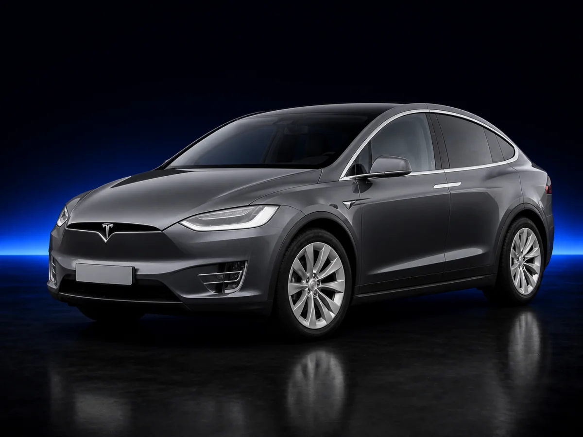 Grey Tesla Model X 100D on a deep navy and cobalt studio background.