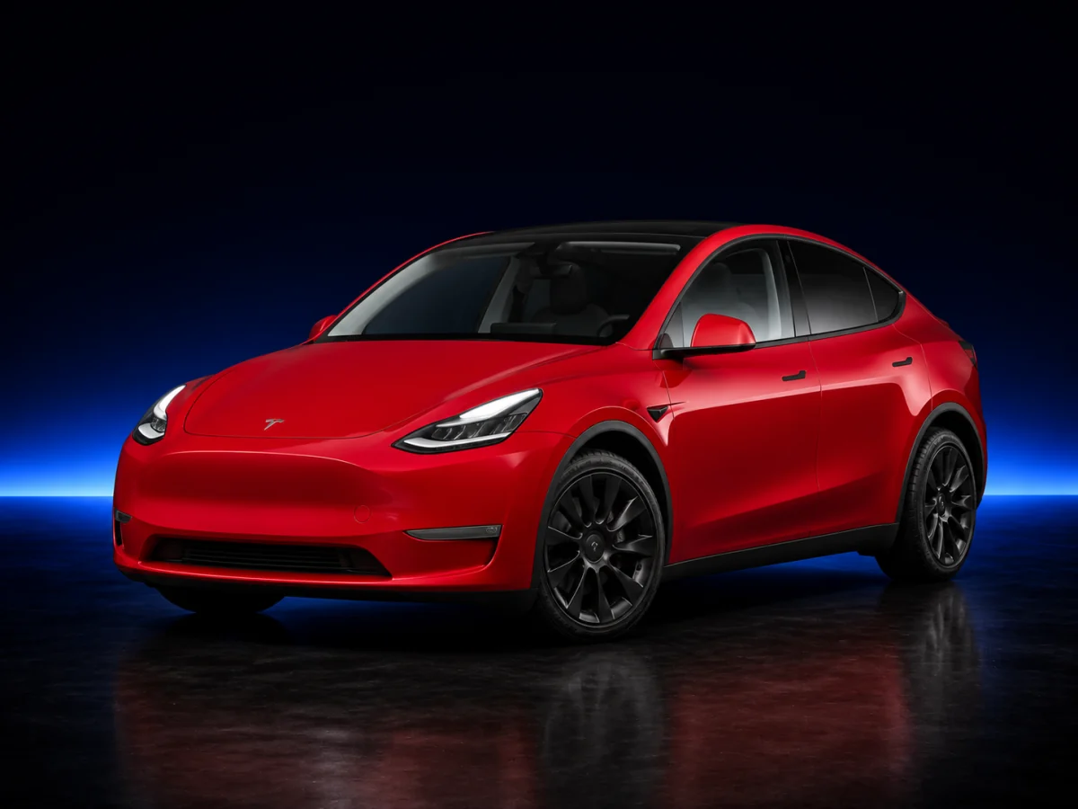 Red Tesla Model Y on a deep navy and cobalt studio background.
