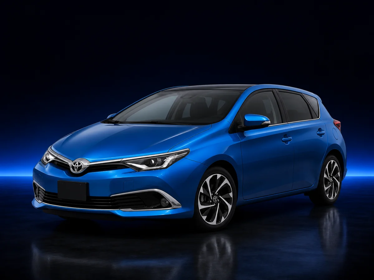 Blue Toyota Auris E180 facelift on a deep navy and cobalt studio background.