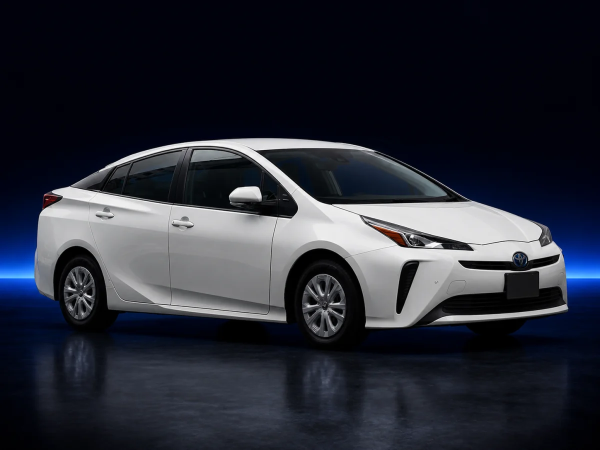 White Toyota Prius XW50 facelift on a deep navy and cobalt studio background.