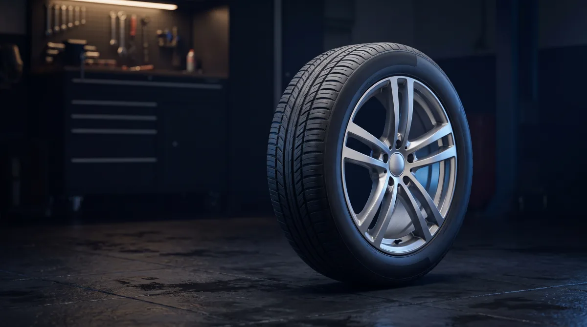 Illustrative tyre and silver alloy wheel in a navy-lit workshop
