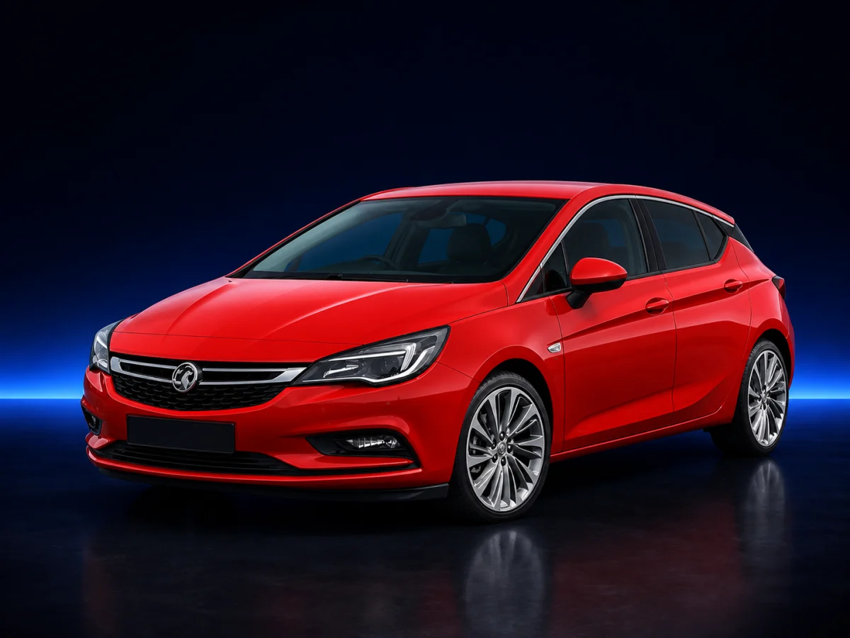 Red Vauxhall Astra K hatchback on a deep navy and cobalt studio background.