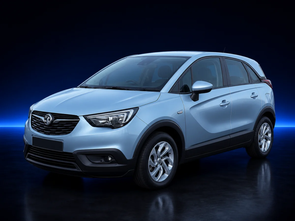 Blue Vauxhall Crossland X on a deep navy and cobalt studio background.