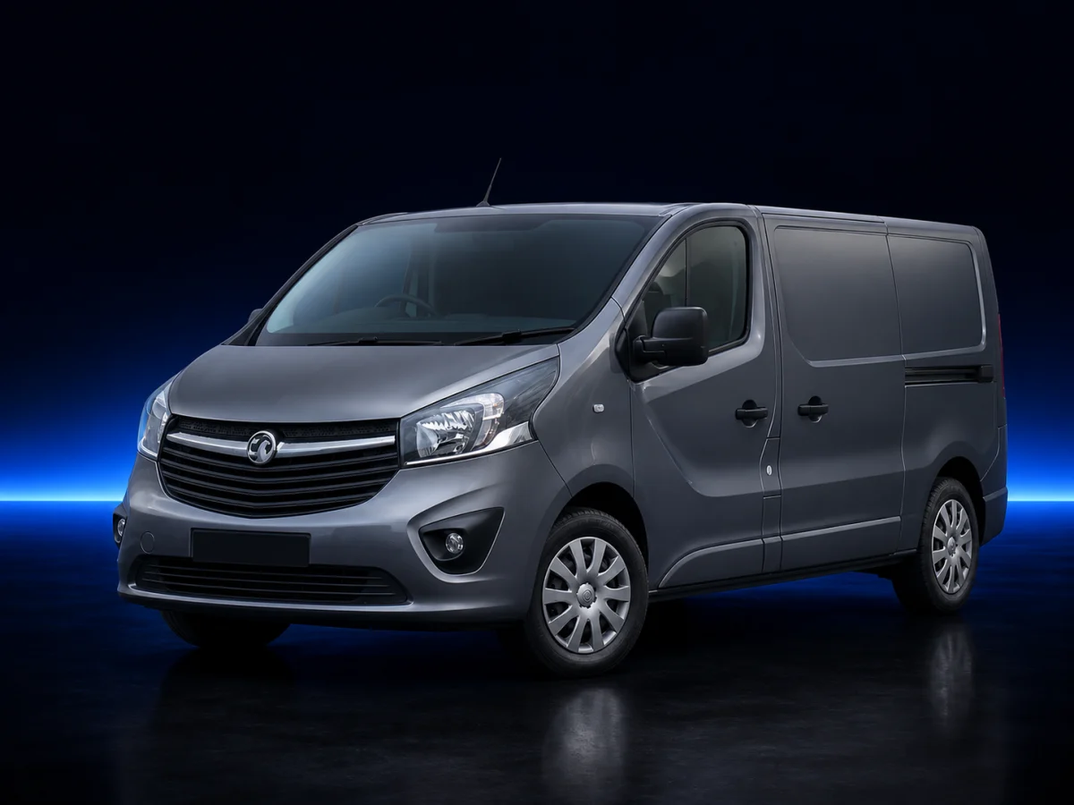 Grey Vauxhall Vivaro X82 panel van on a deep navy and cobalt studio background.