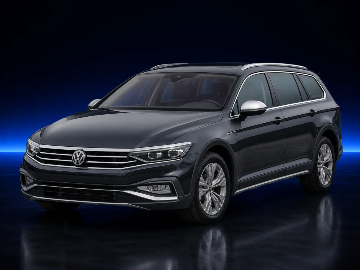 Grey Volkswagen Passat B8 estate on a deep navy and cobalt studio background.