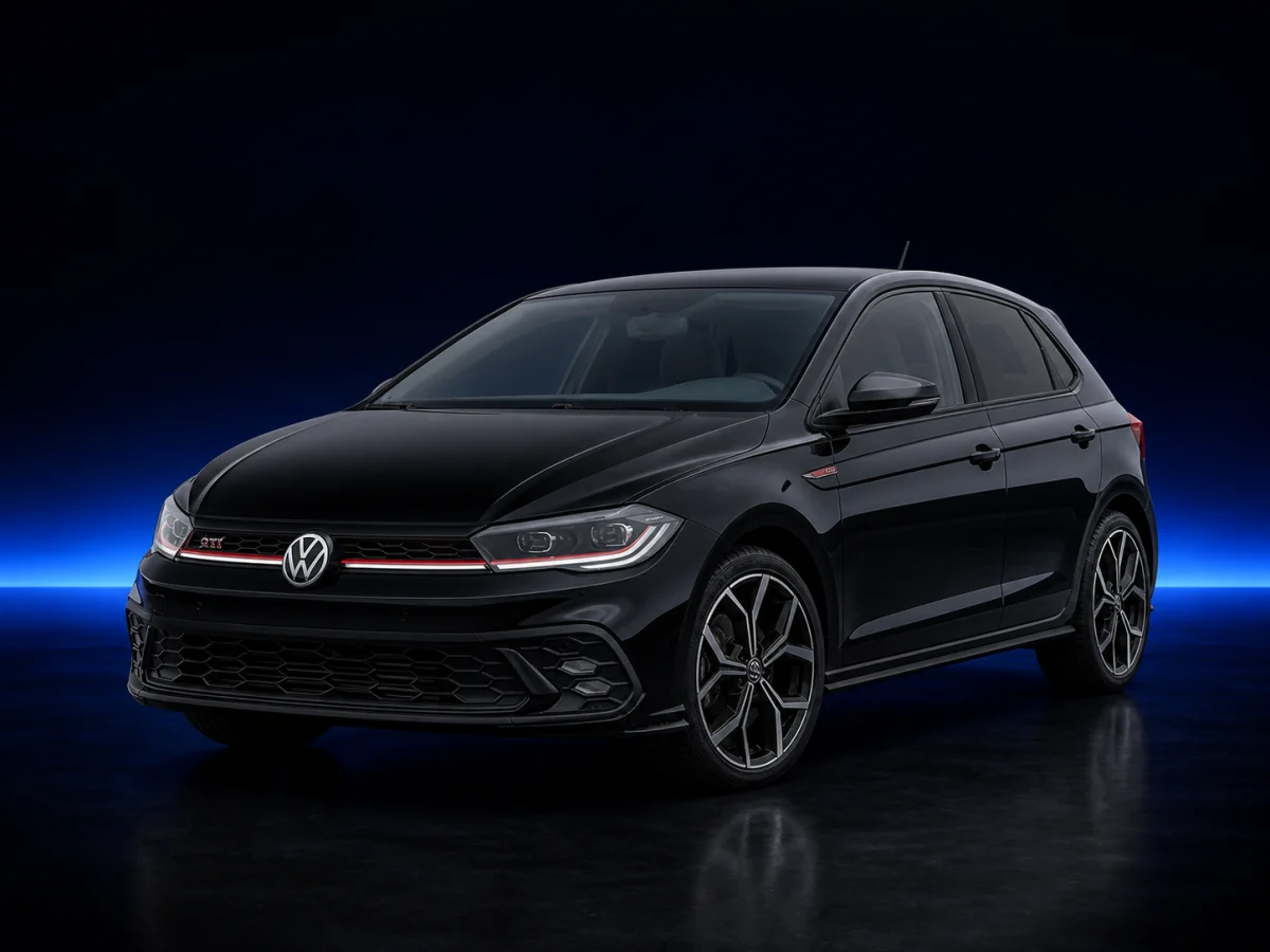Black Volkswagen Polo VI GTI facelift on a deep navy and cobalt studio background.