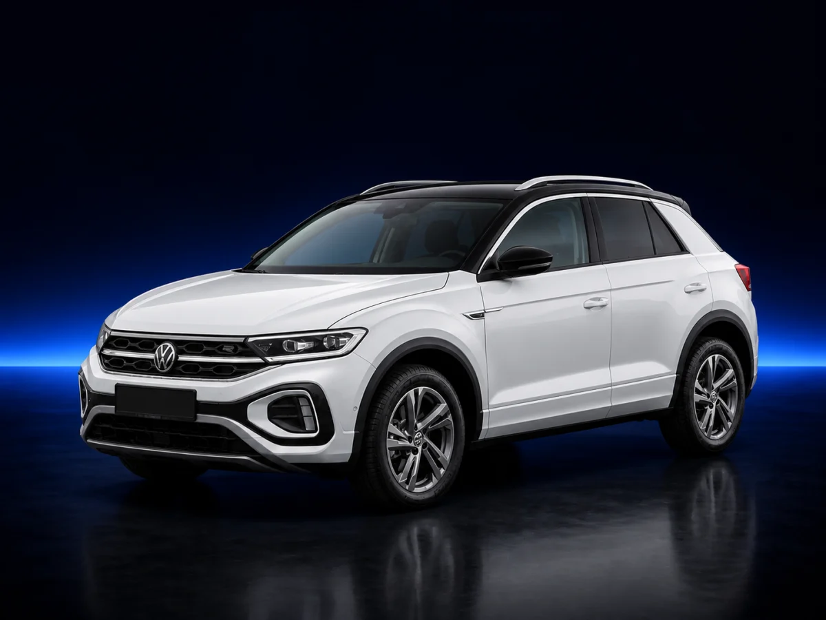 White Volkswagen T-Roc I facelift on a deep navy and cobalt studio background.