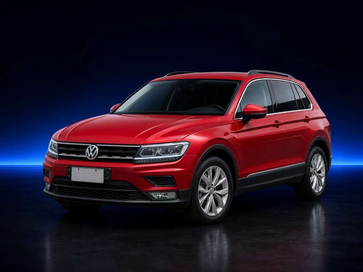 Red Volkswagen Tiguan II on a deep navy and cobalt studio background.