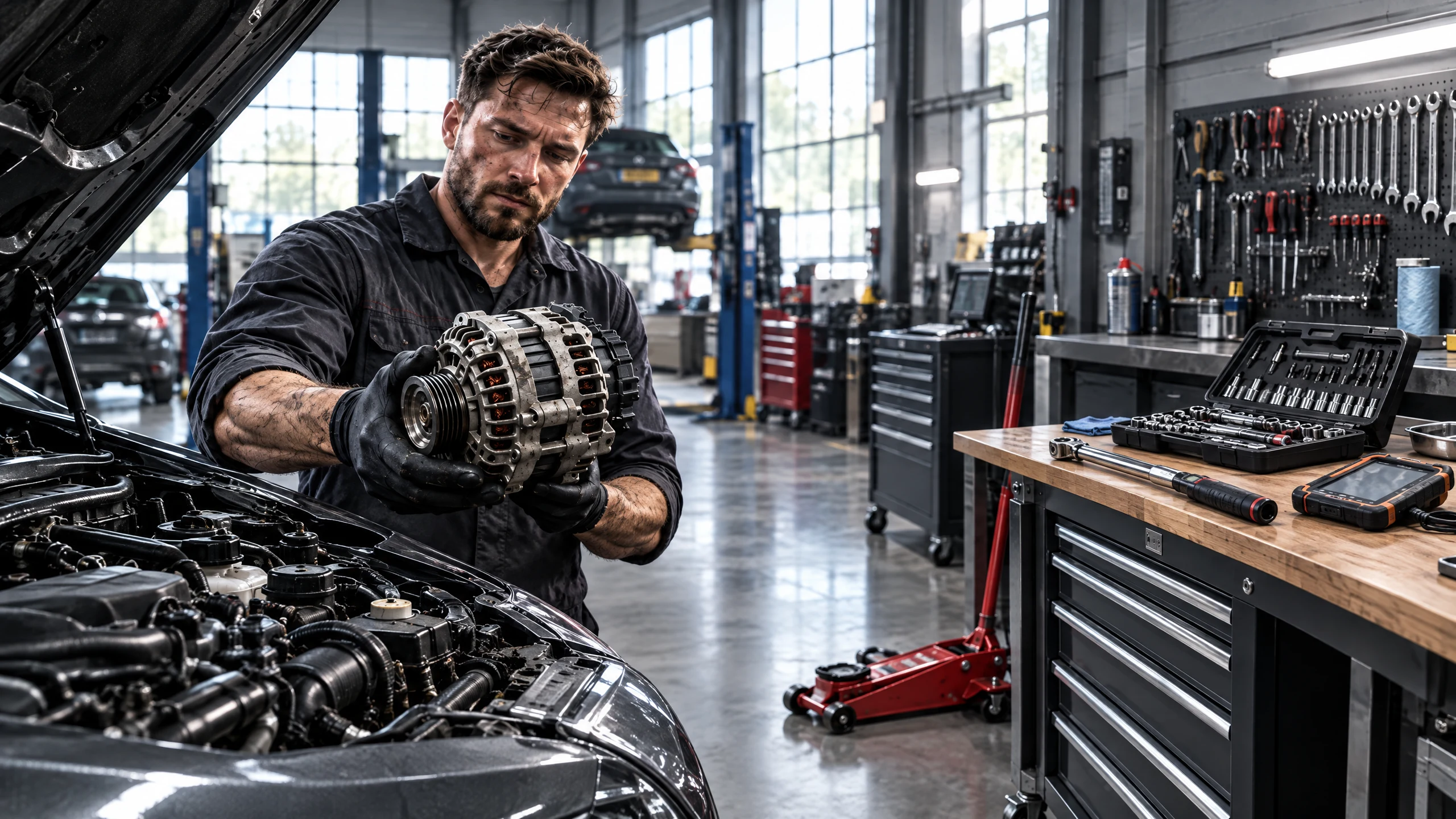 The garage: illustrative parts and tools, not a live stock display